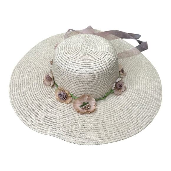 Elegant Flower Straw Hat w/Ribbons - Picture 2 of 7